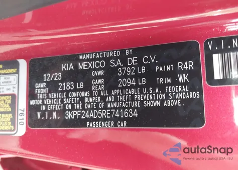 2024 Kia Forte Lxs z USA, uszkodzony, nr VIN 3KPF24AD5RE741634